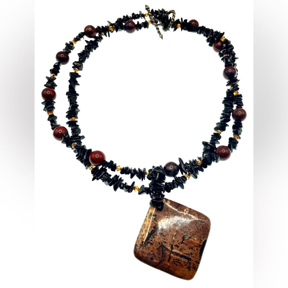 Artisan Silver Tone Polished Stone Multistrand Necklace Onyx Chips Crystals